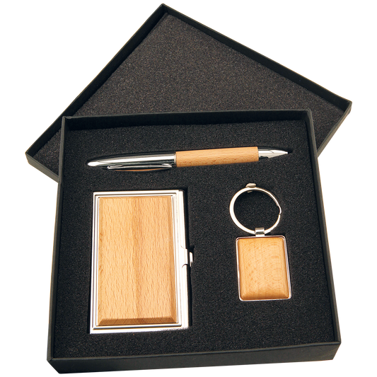 Personalized silver and wood gift set with business card case, pen and keychain