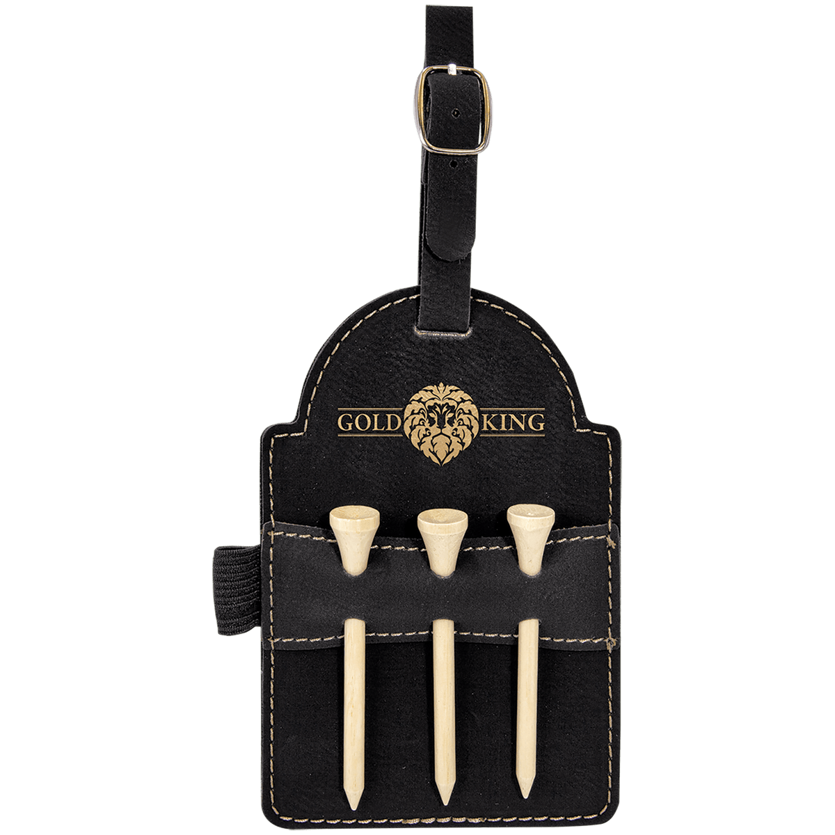 Personalized black/gold leatherette golf bag tag with wooden tees