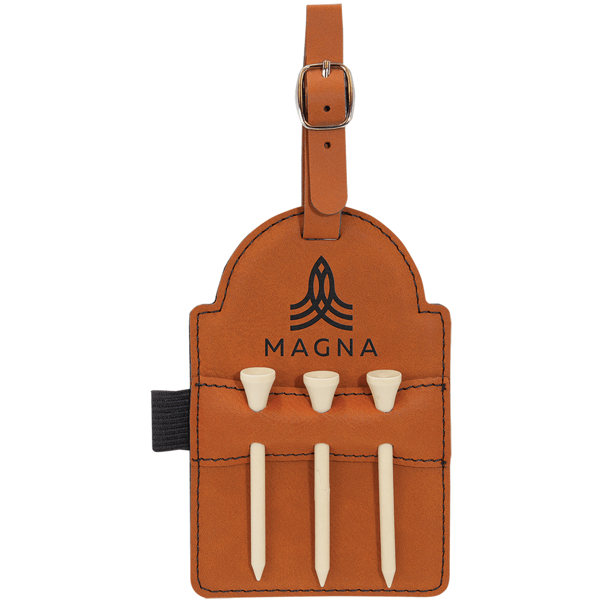 Personalized rawhide leatherette golf bag tag with wooden tees
