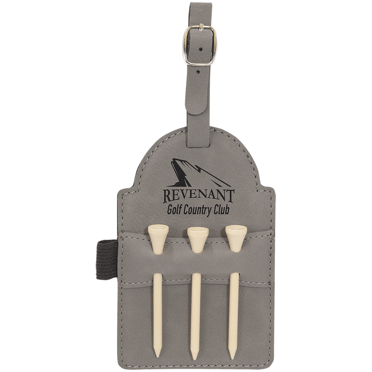 Personalized gray leatherette golf bag tag with wooden tees