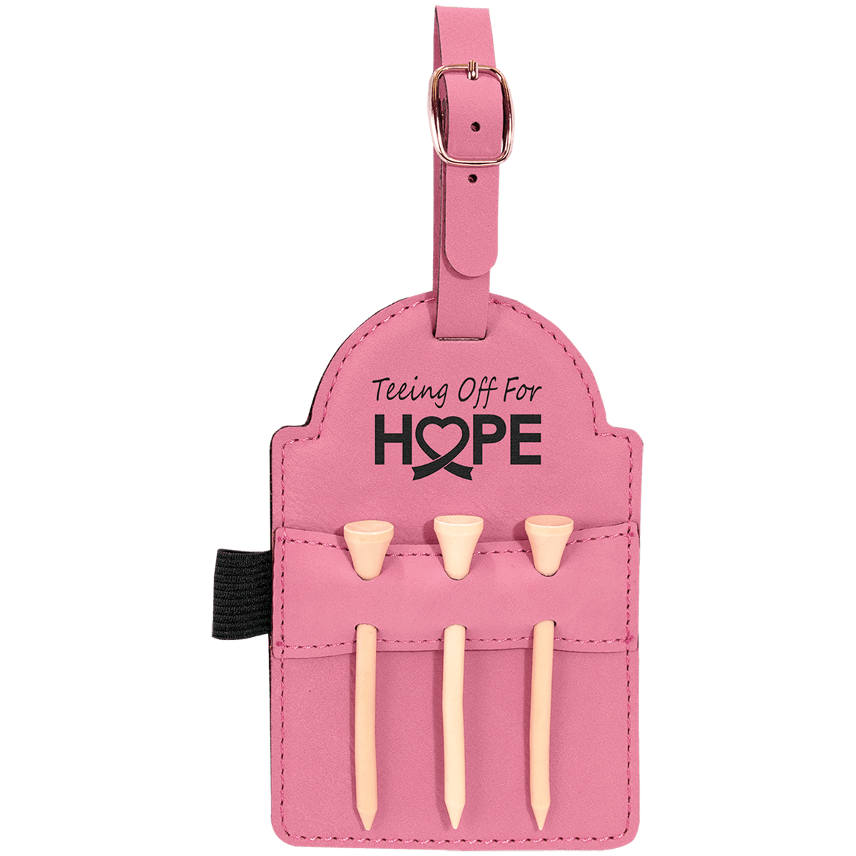 Personalized pink leatherette golf bag tag with wooden tees