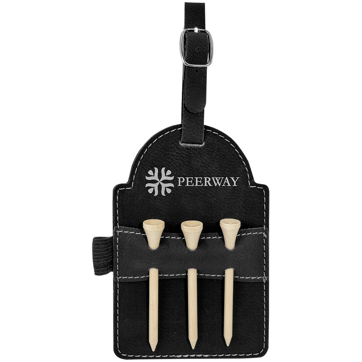 Personalized black/silver leatherette golf bag tag with wooden tees