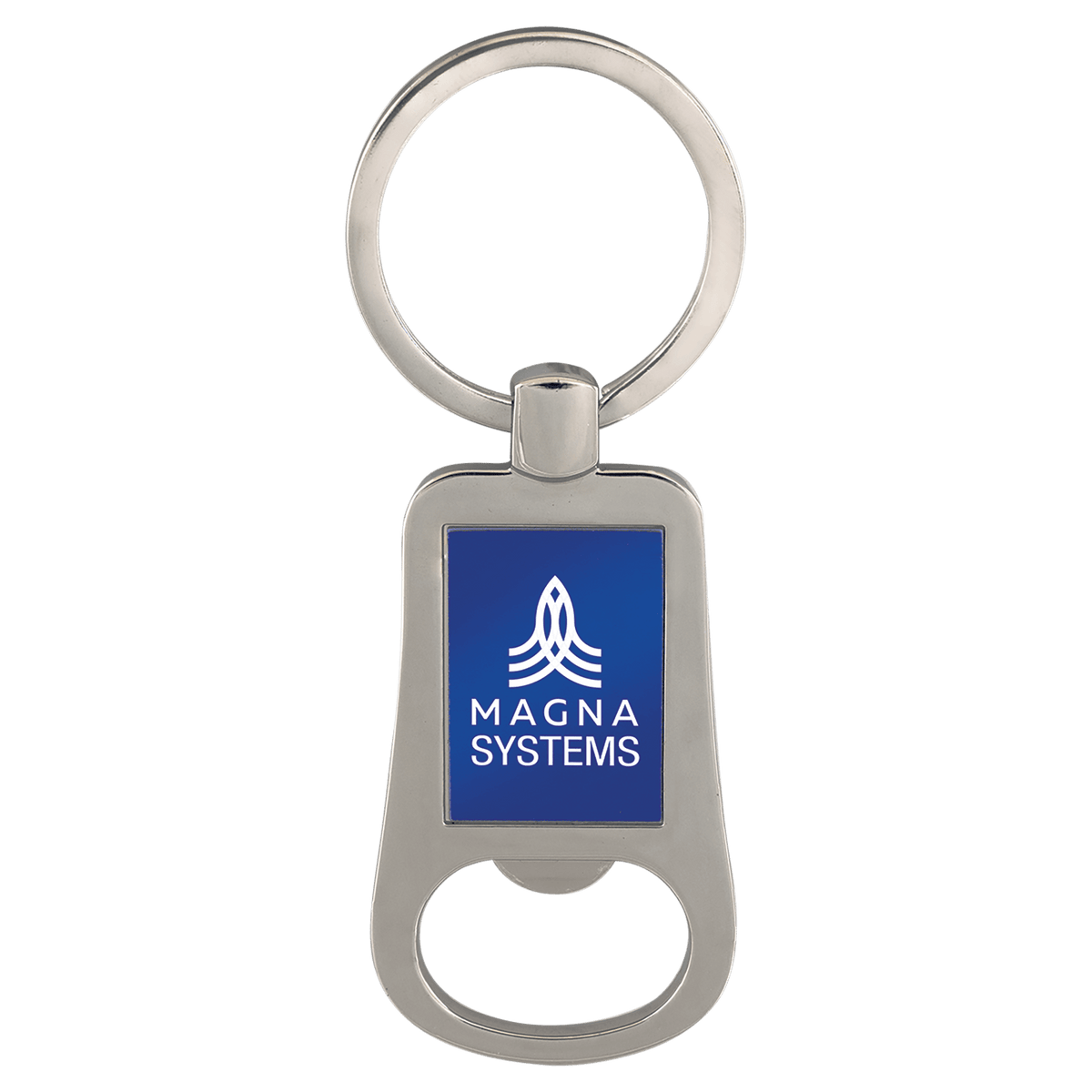 Personalized silver and blue bottle opener keychain
