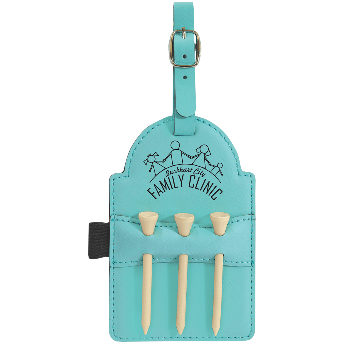 Personalized teal leatherette golf bag tag with wooden tees