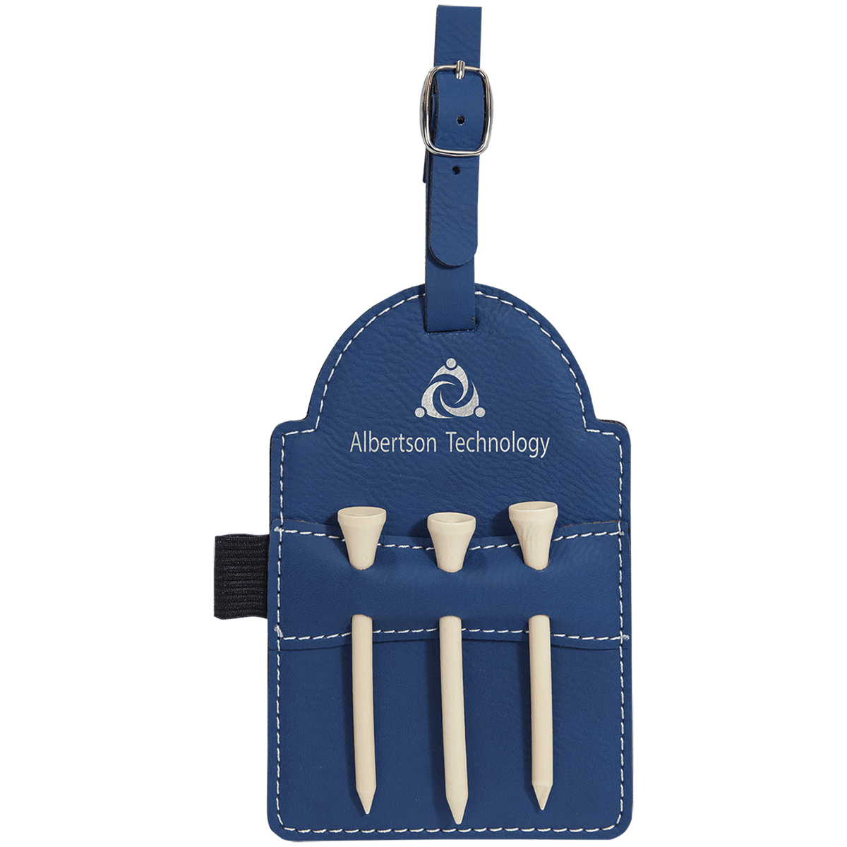 Personalized blue/silver leatherette golf bag tag with wooden tees