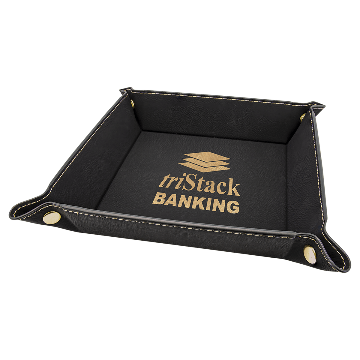 Personalized black/gold leatherette snap-up valet tray, 6 inch x 6 inch
