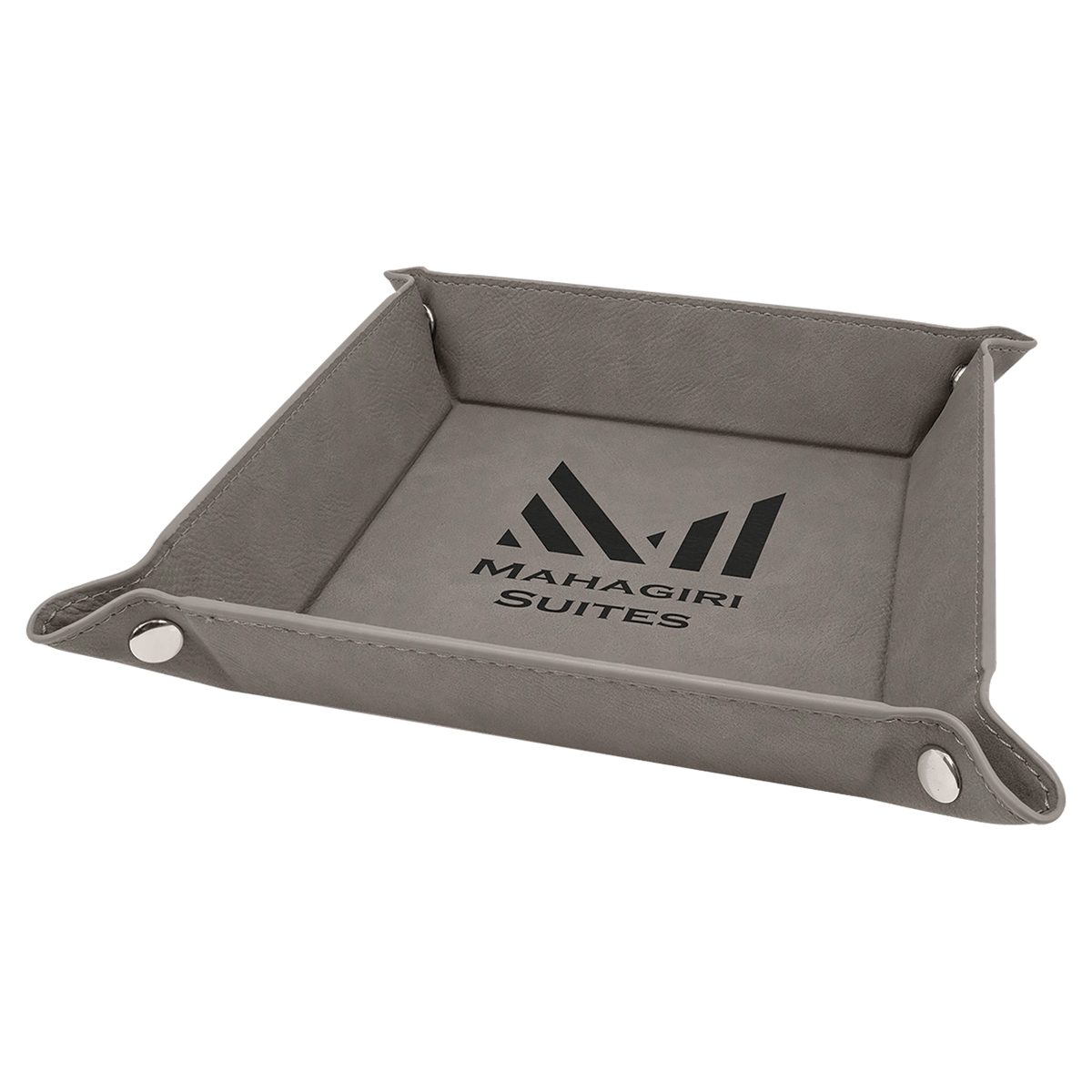 Personalized gray leatherette snap-up valet tray, 6 inch x 6 inch