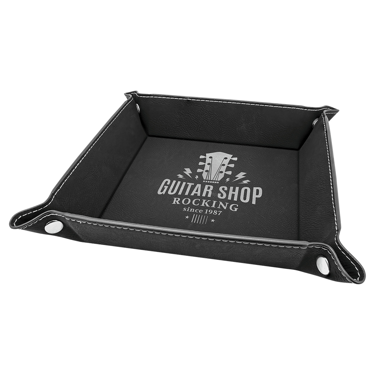 Personalized black/silver leatherette snap-up valet tray, 6 inch x 6 inch