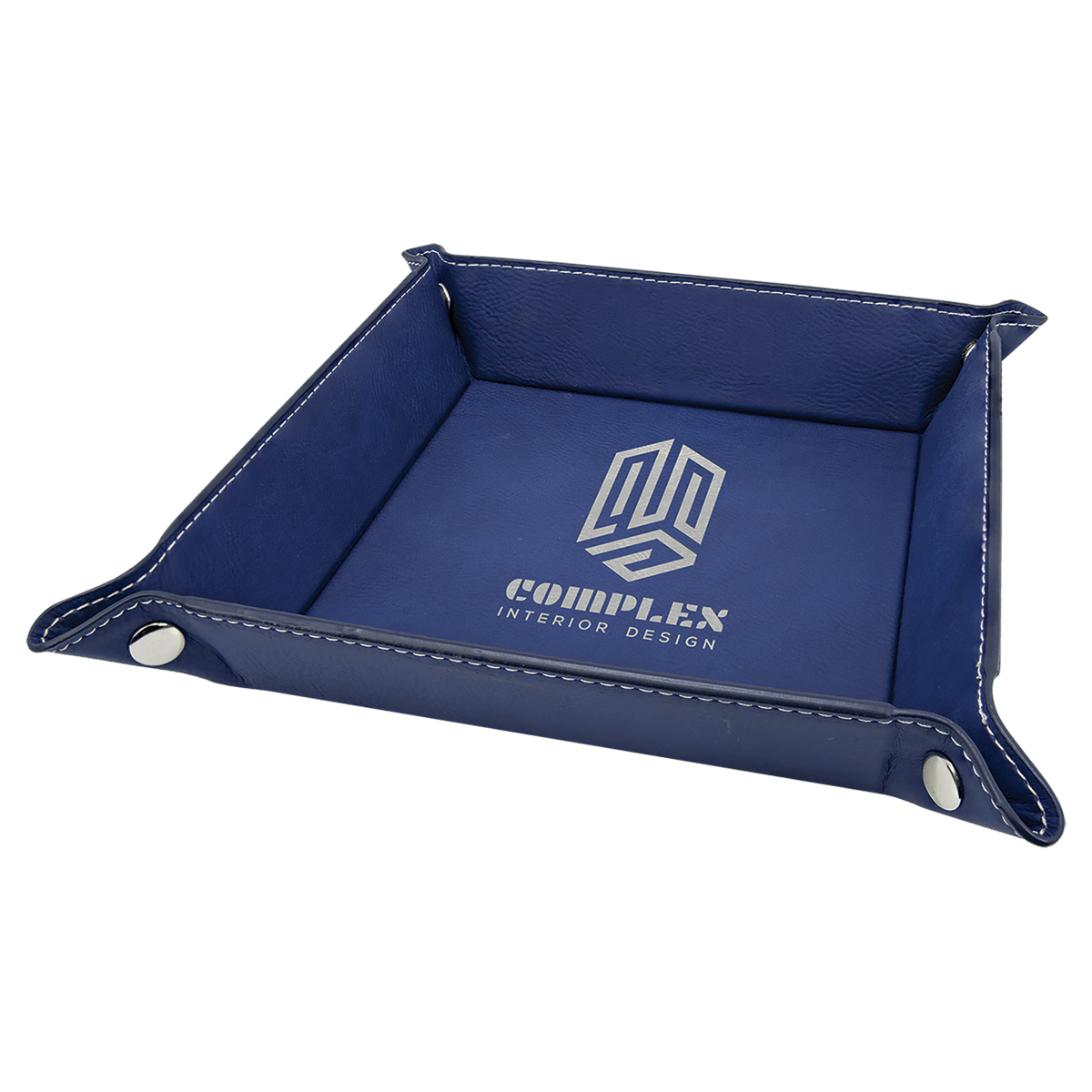 Personalized blue/silver leatherette snap-up valet tray, 6 inch x 6 inch