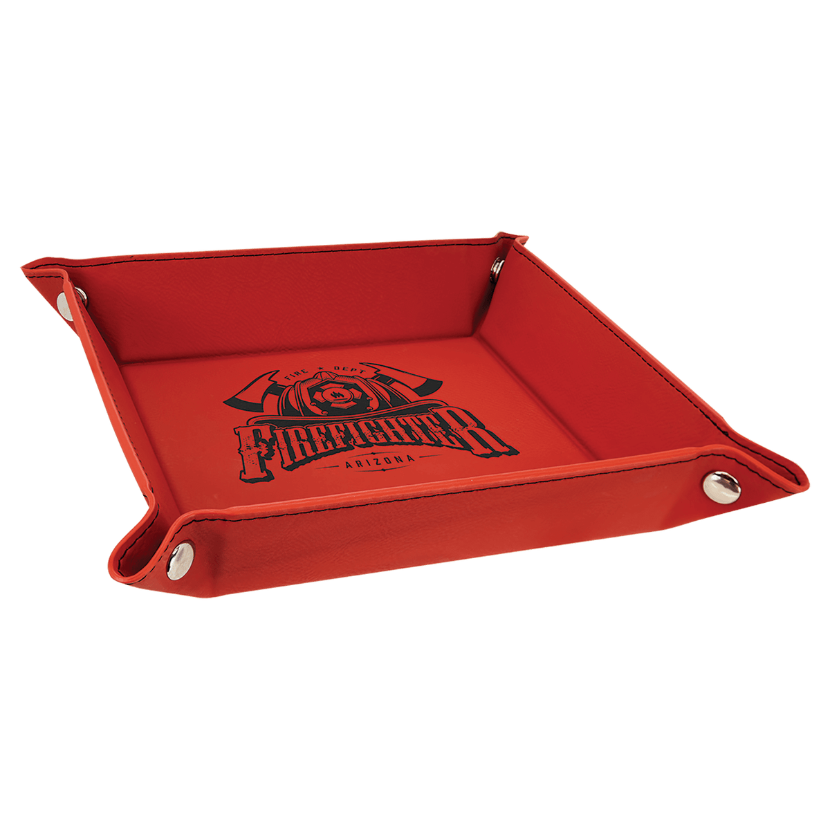 Personalized red leatherette snap-up valet tray, 6 inch x 6 inch