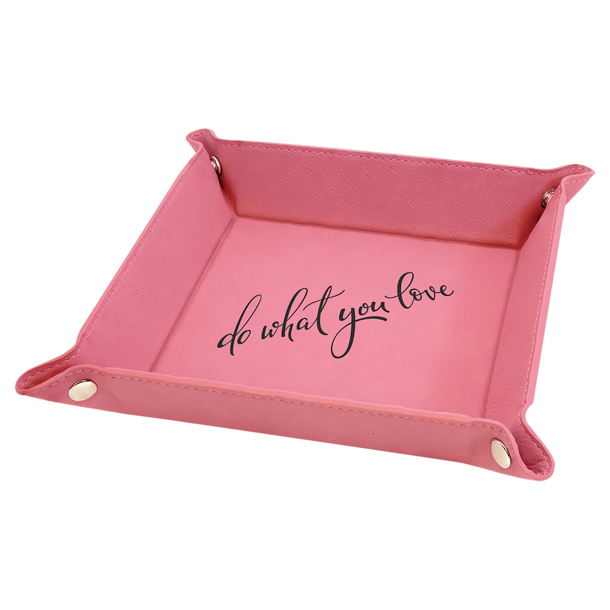 Personalized pink leatherette snap-up valet tray, 6 inch x 6 inch