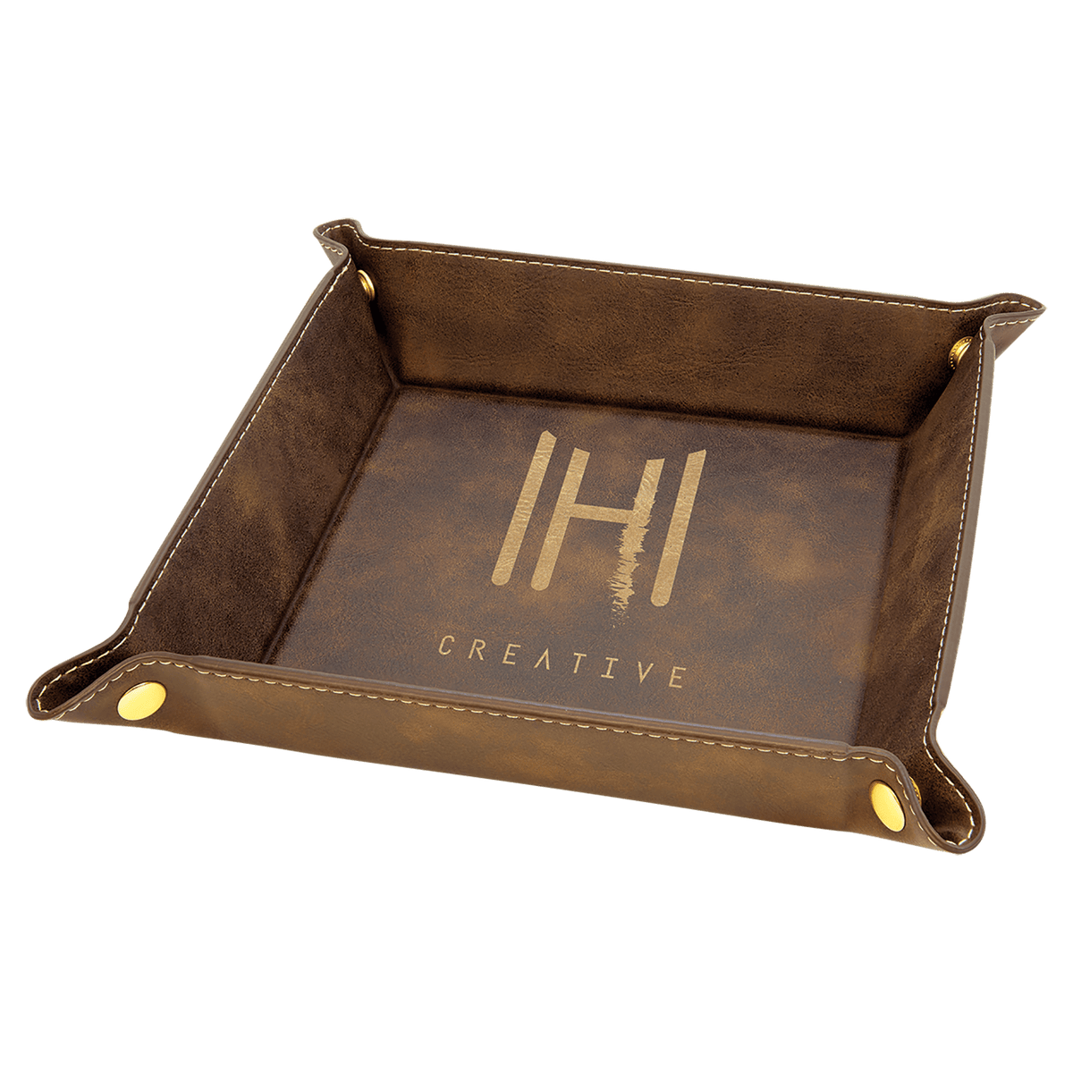 Personalized rustic/gold leatherette snap-up valet tray, 6 inch x 6 inch