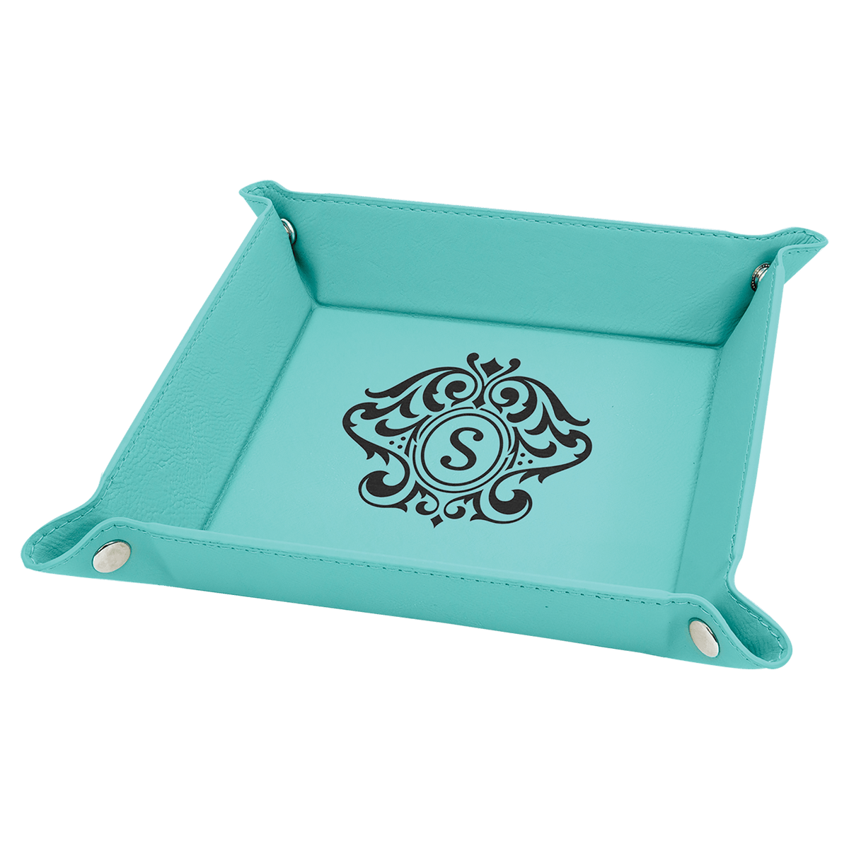 Personalized teal leatherette snap-up valet tray, 6 inch x 6 inch