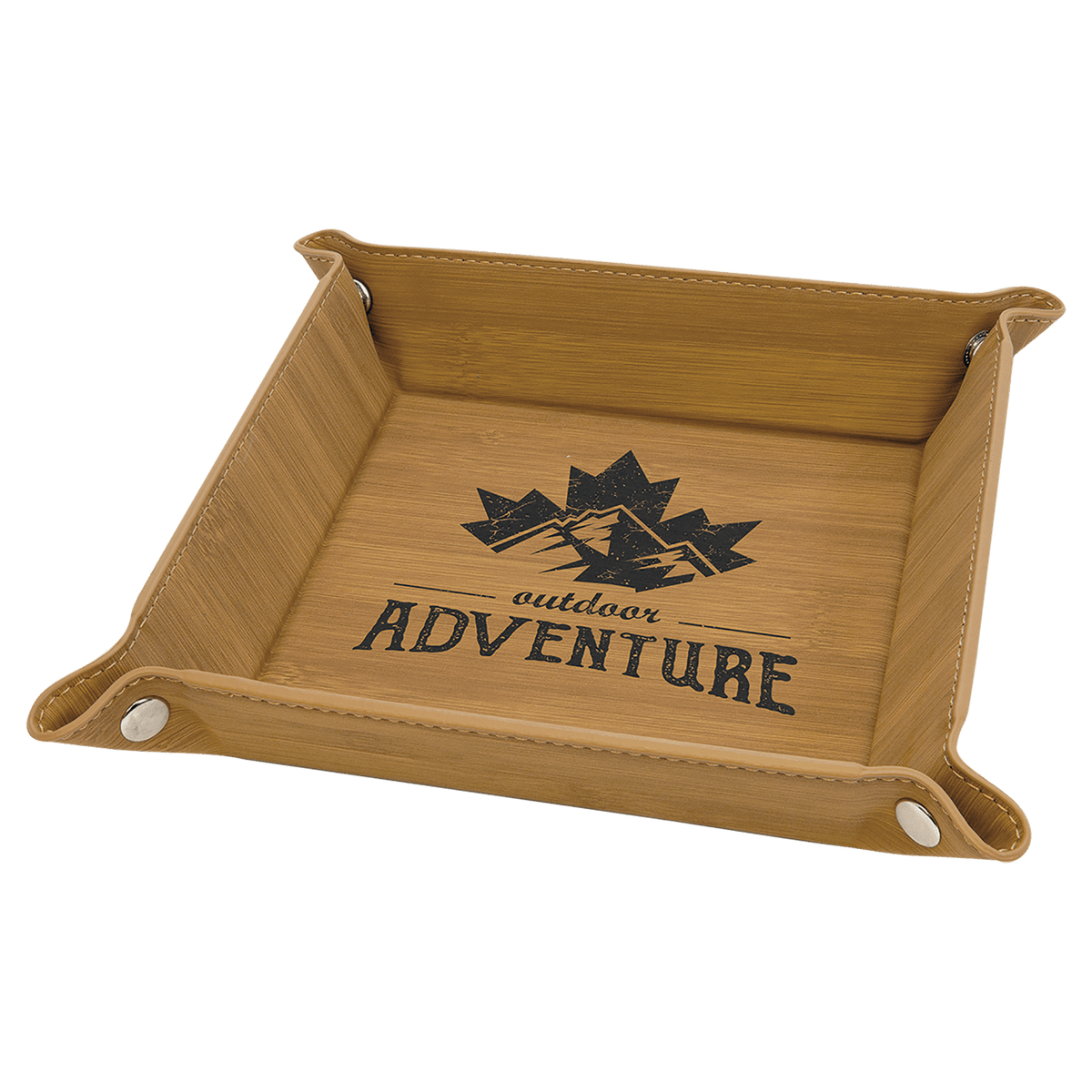 Personalized bamboo leatherette snap-up valet tray, 6 inch x 6 inch