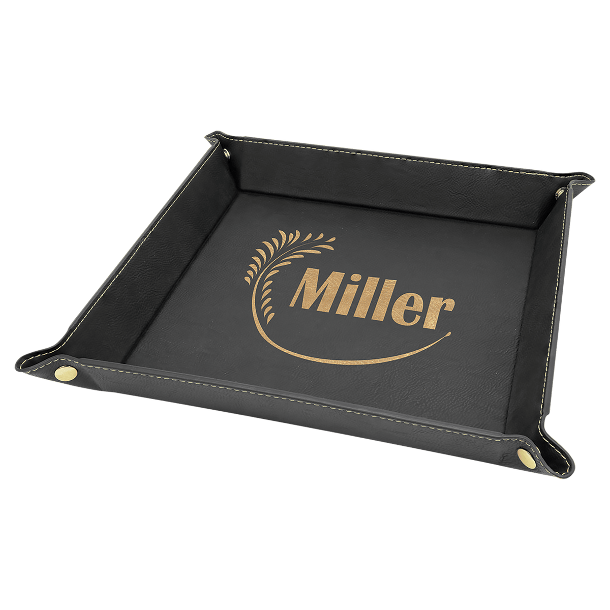 Personalized black/gold leatherette snap-up valet tray, 9 inch x 9 inch