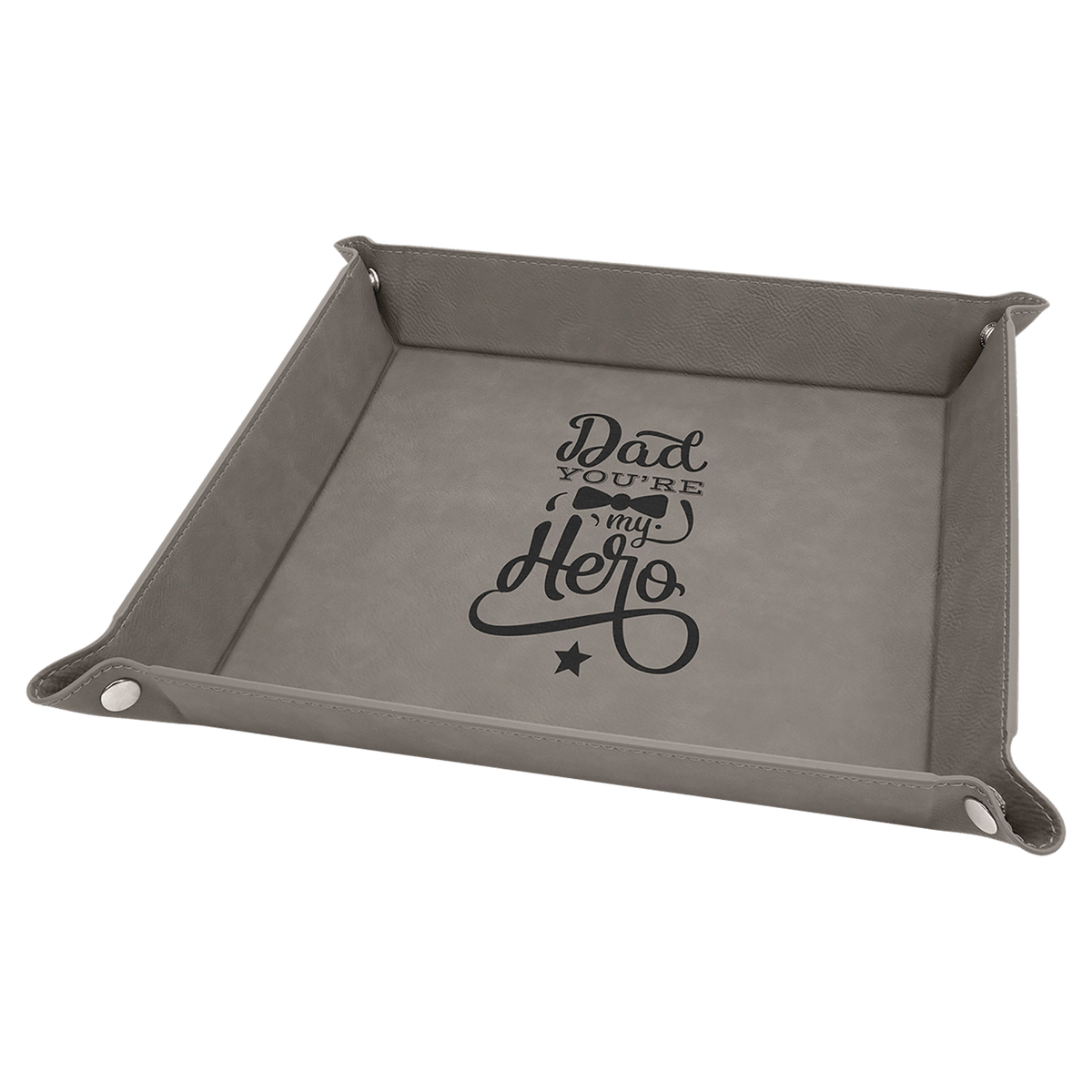 Personalized gray leatherette snap-up valet tray, 9 inch x 9 inch