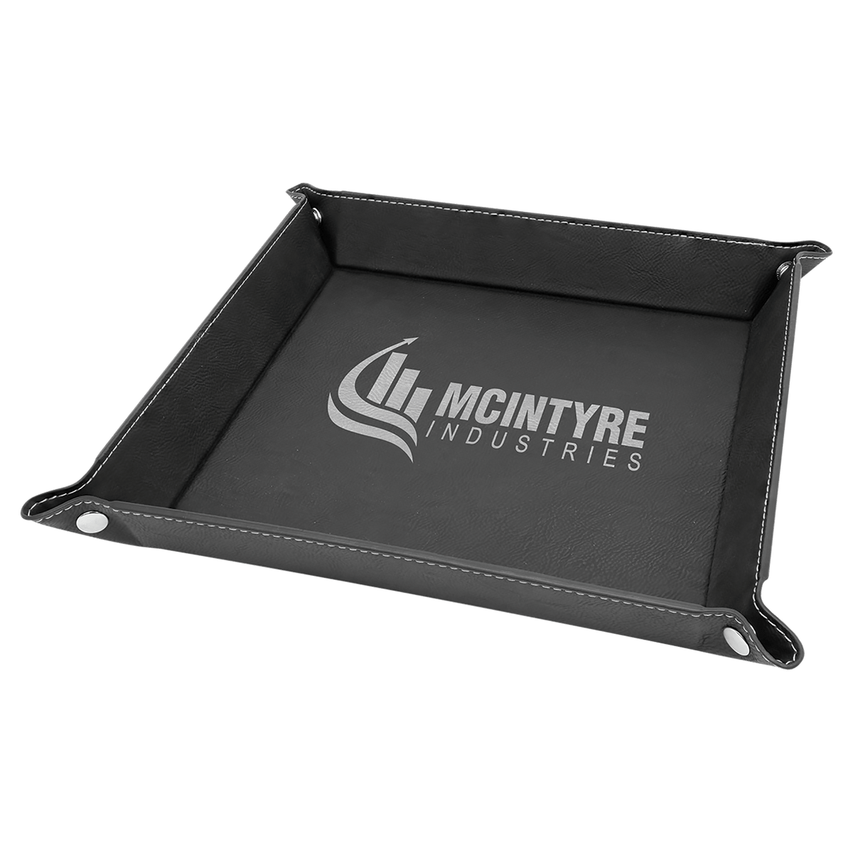 Personalized black/silver leatherette snap-up valet tray, 9 inch x 9 inch