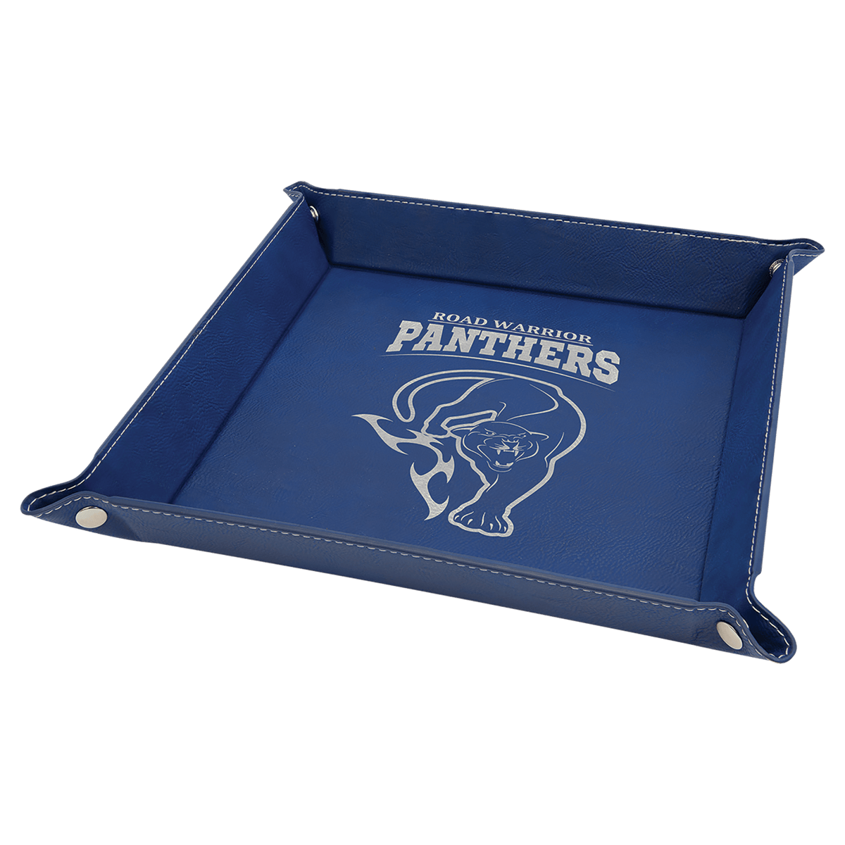 Personalized blue/silver leatherette snap-up valet tray, 9 inch x 9 inch