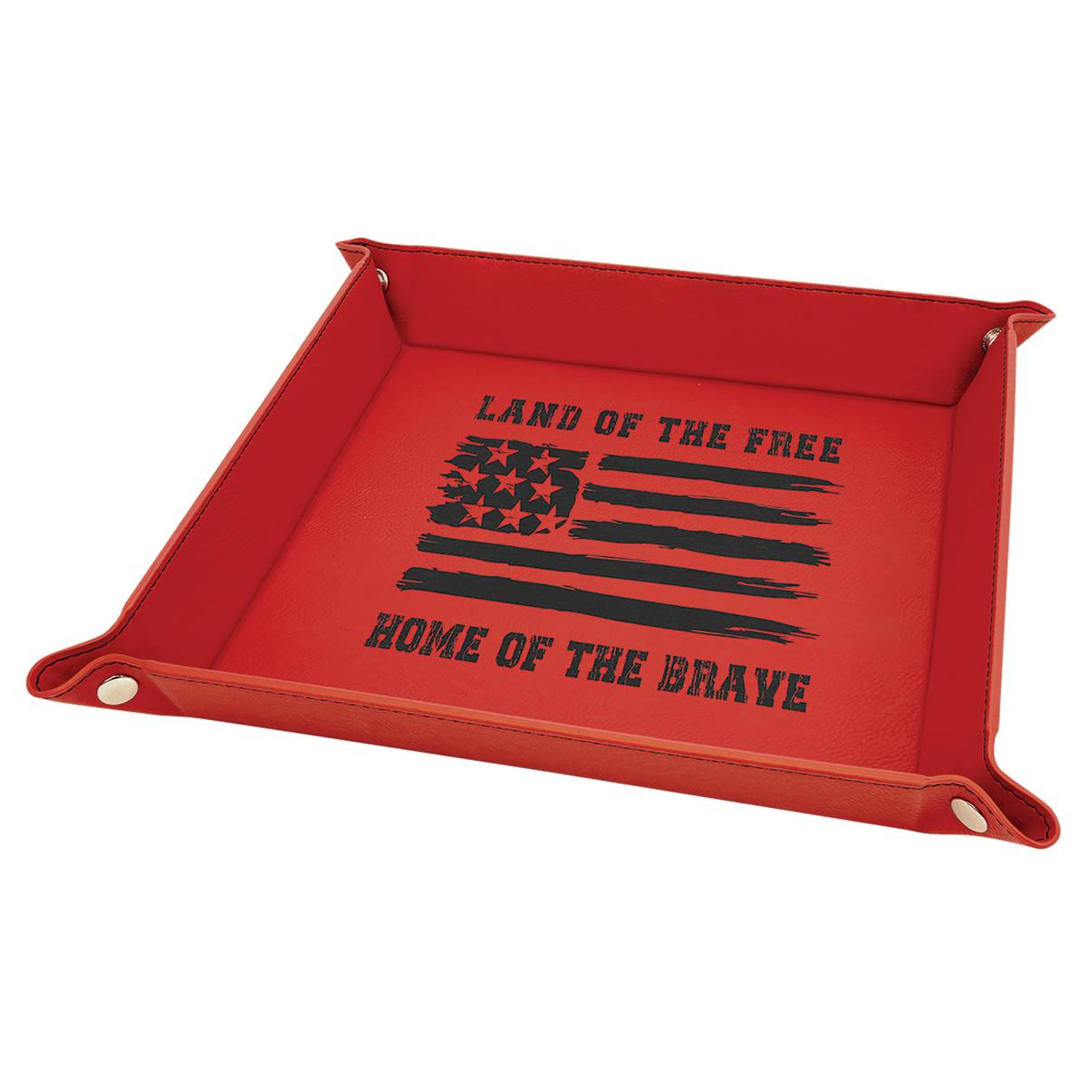 Personalized red leatherette snap-up valet tray, 9 inch x 9 inch