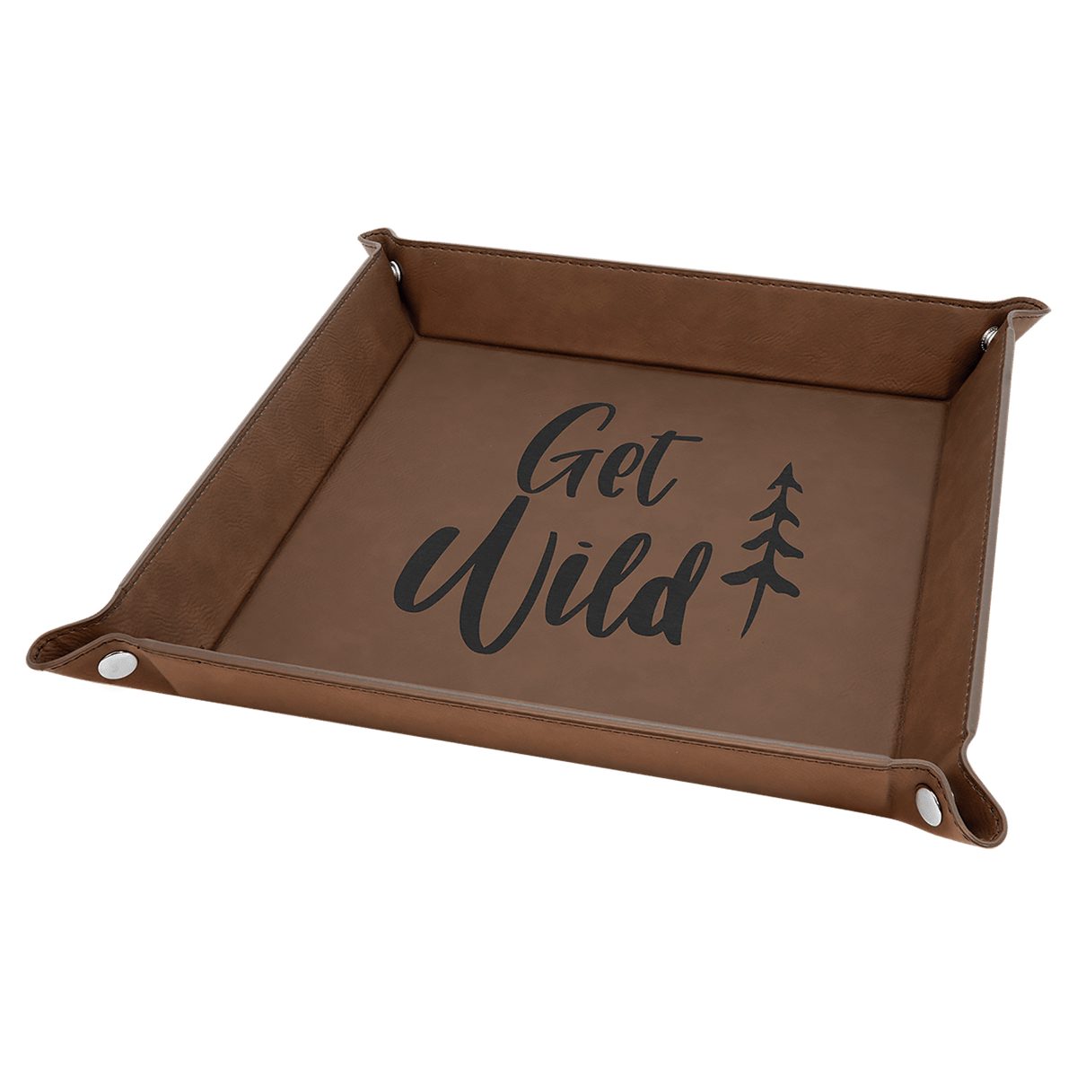 Personalized dark brown leatherette snap-up valet tray, 9 inch x 9 inch