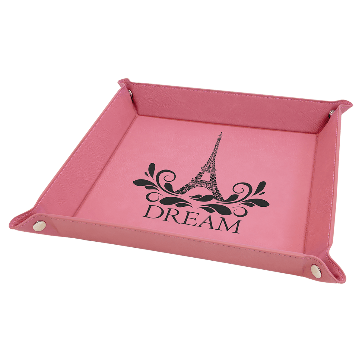 Personalized pink leatherette snap-up valet tray, 9 inch x 9 inch