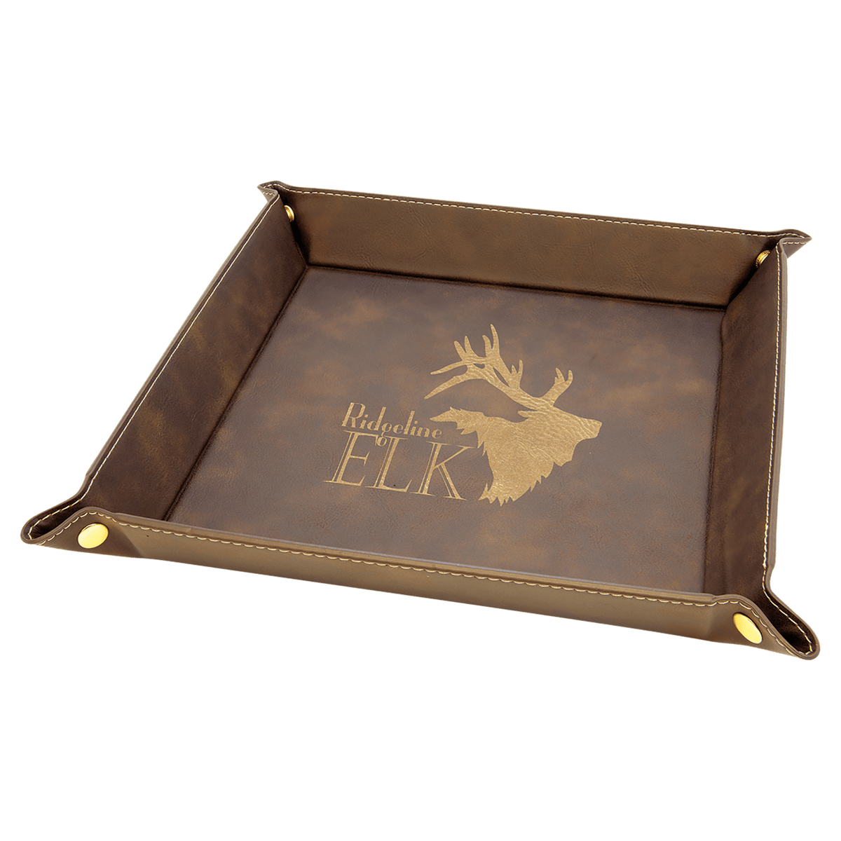 Personalized rustic/gold leatherette snap-up valet tray, 9 inch x 9 inch
