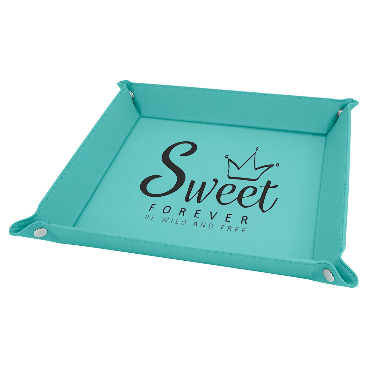Personalized teal leatherette snap-up valet tray, 9 inch x 9 inch
