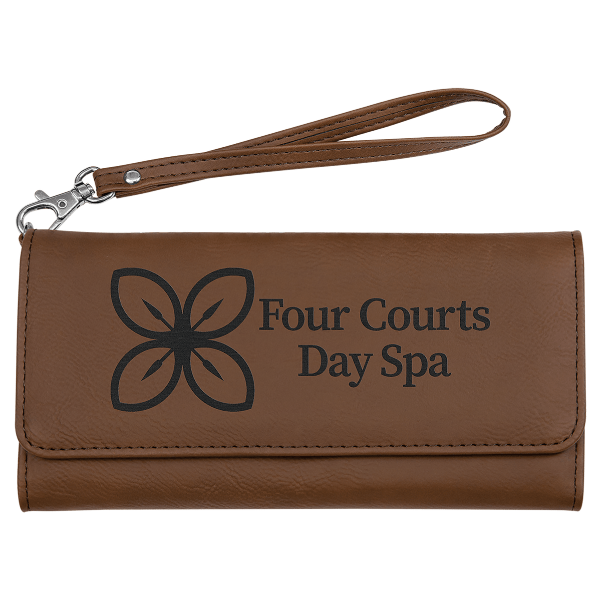 Personalized dark brown leatherette RFID wallet with wrist strap