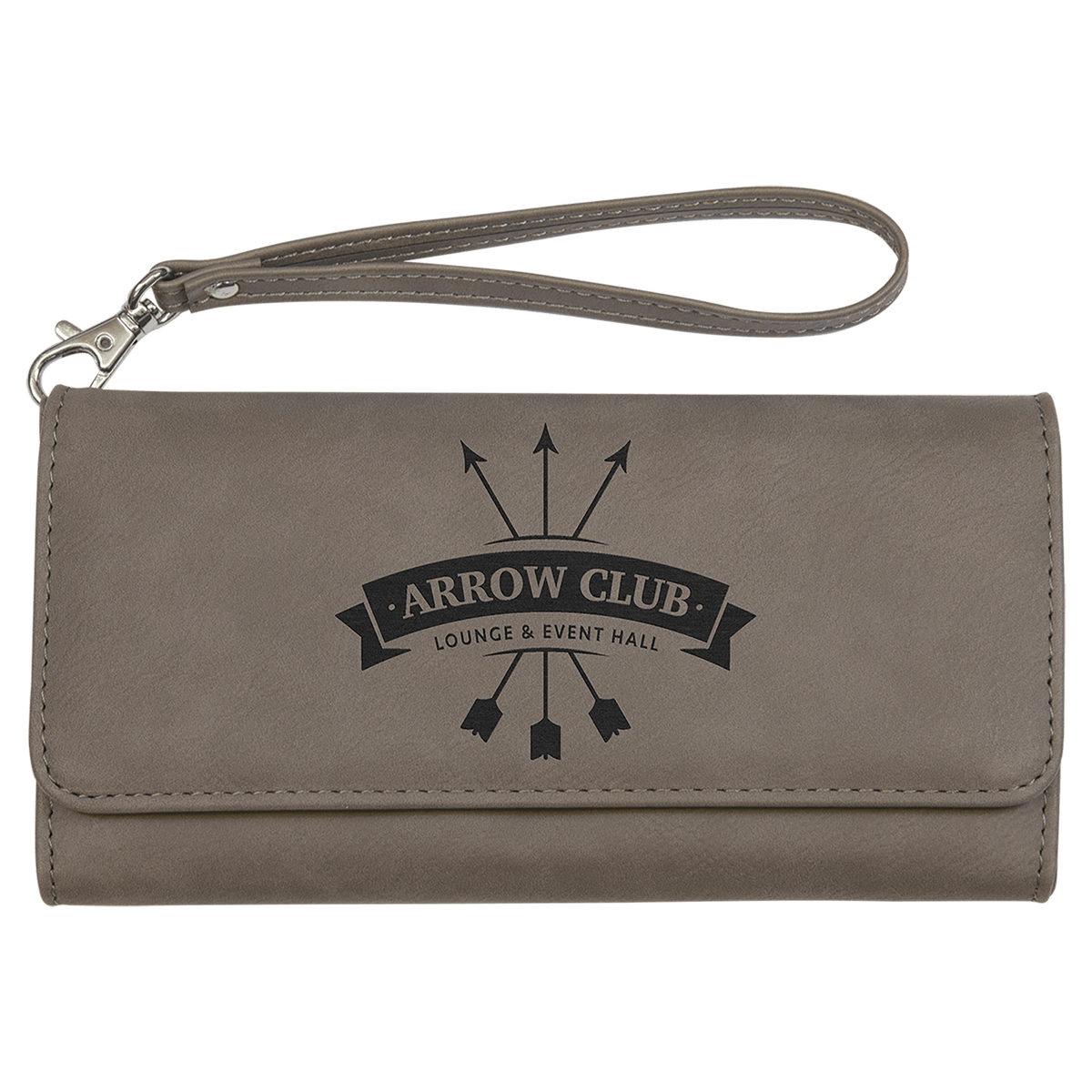 Personalized gray leatherette RFID wallet with wrist strap