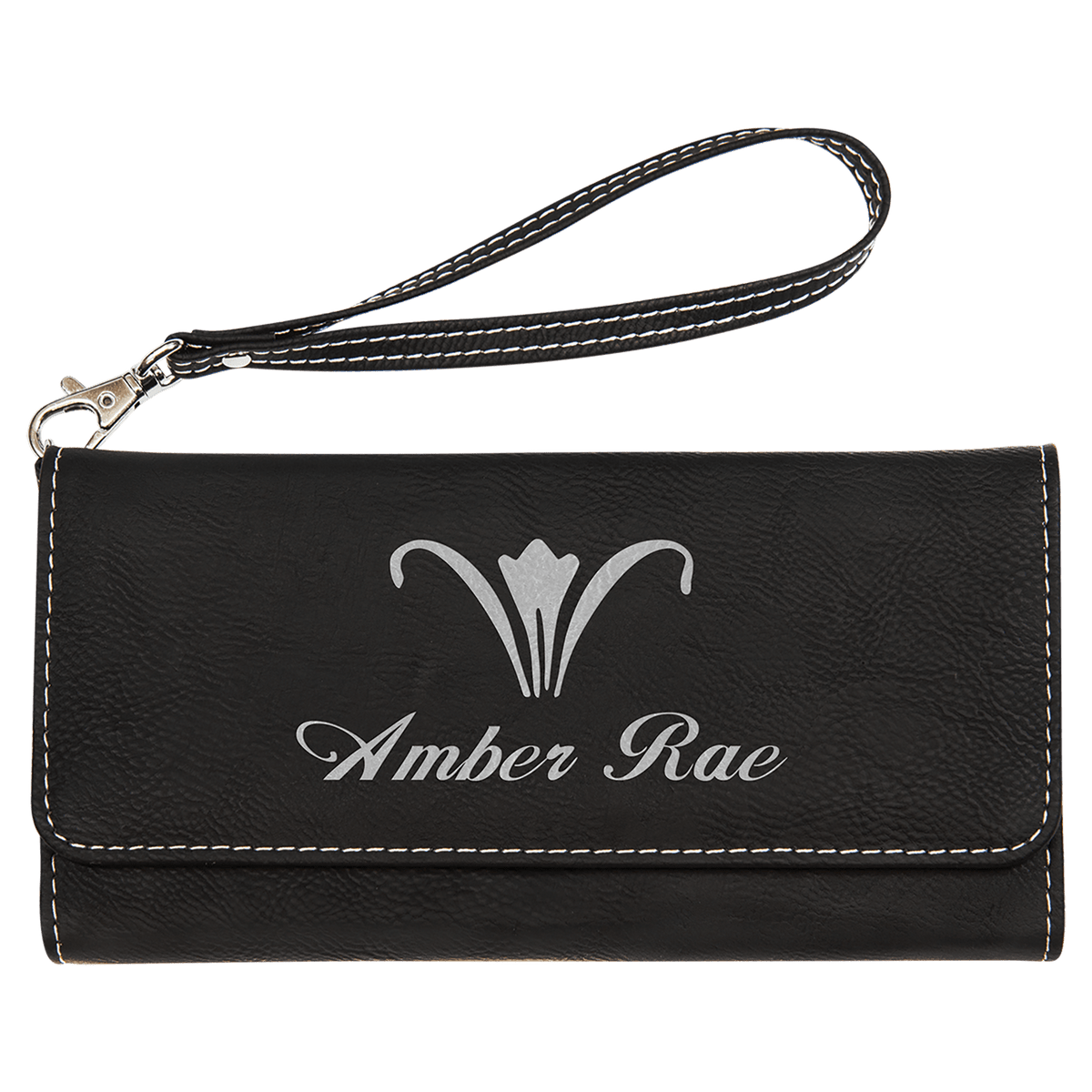 Personalized black/silver leatherette RFID wallet with wrist strap