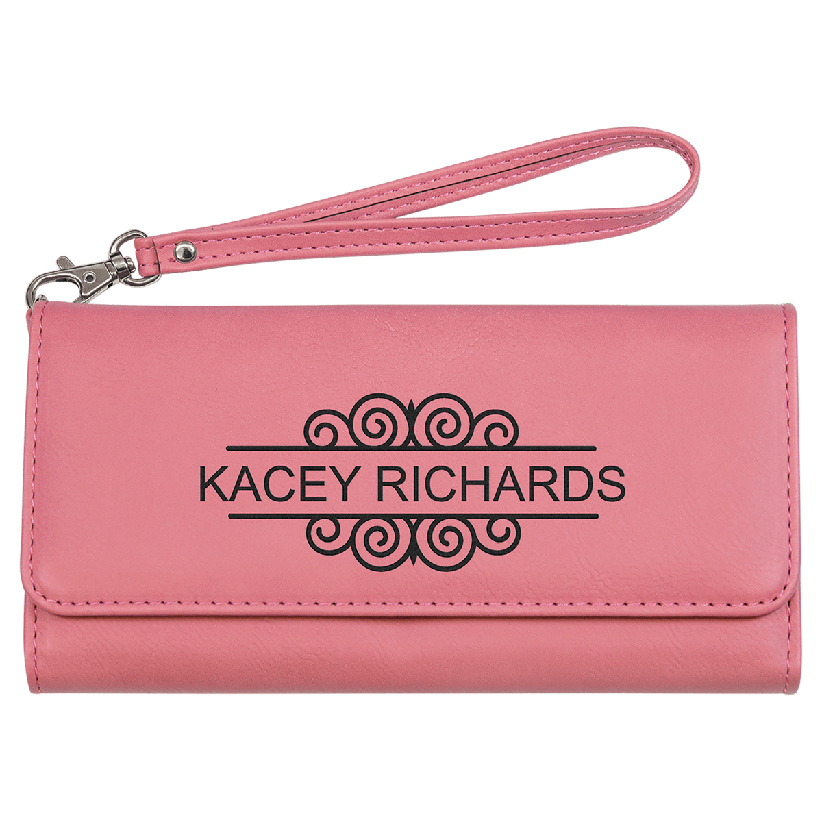 Personalized pink leatherette RFID wallet with wrist strap