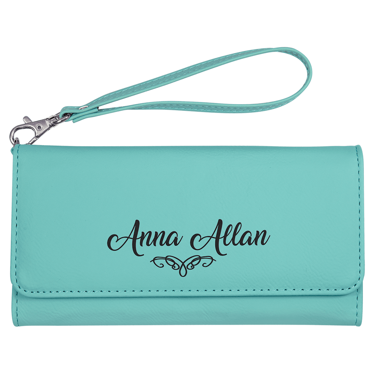 Personalized teal leatherette RFID wallet with wrist strap