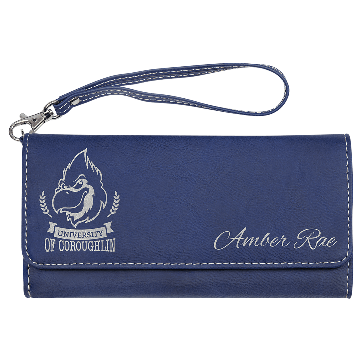 Personalized blue/silver leatherette RFID wallet with wrist strap