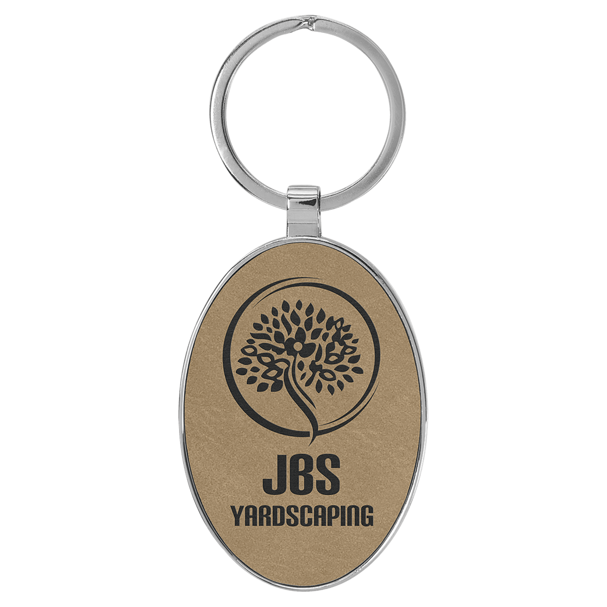 Personalized light brown leatherette keychain with oval metal frame