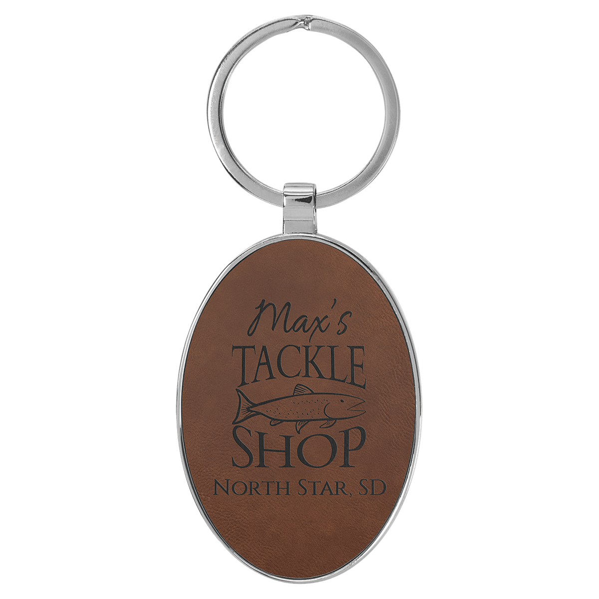 Personalized dark brown leatherette keychain with oval metal frame