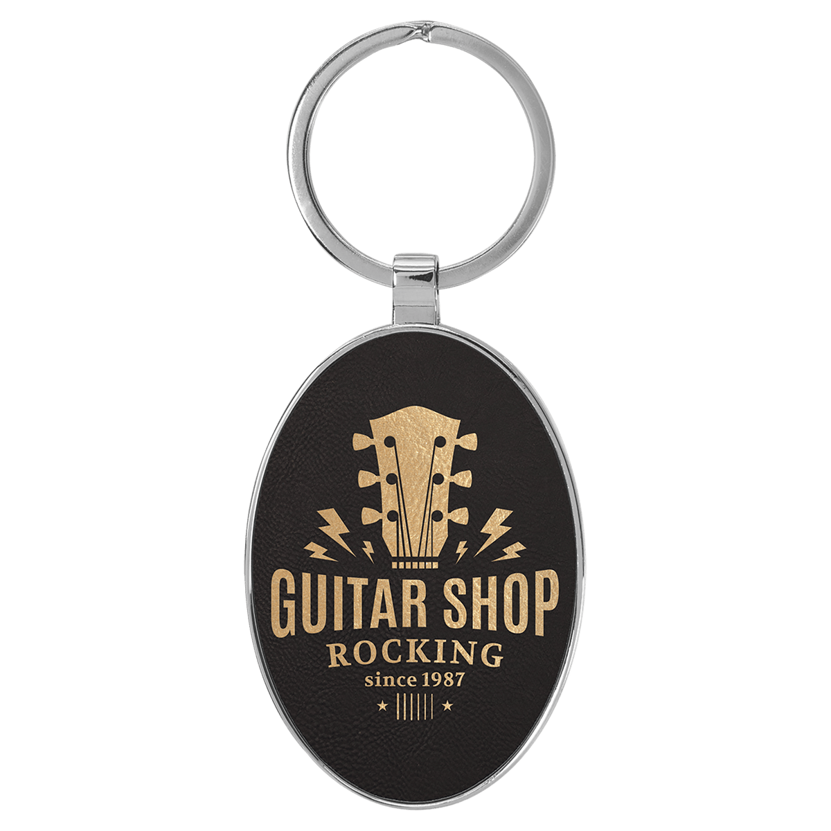 Personalized black/gold leatherette keychain with oval metal frame