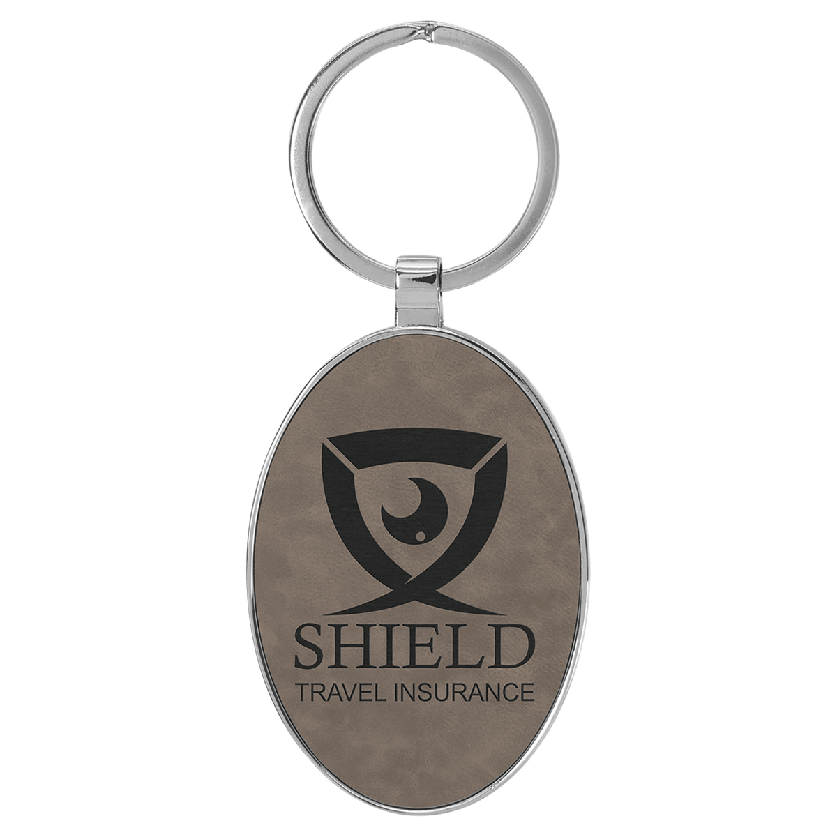 Personalized gray leatherette keychain with oval metal frame
