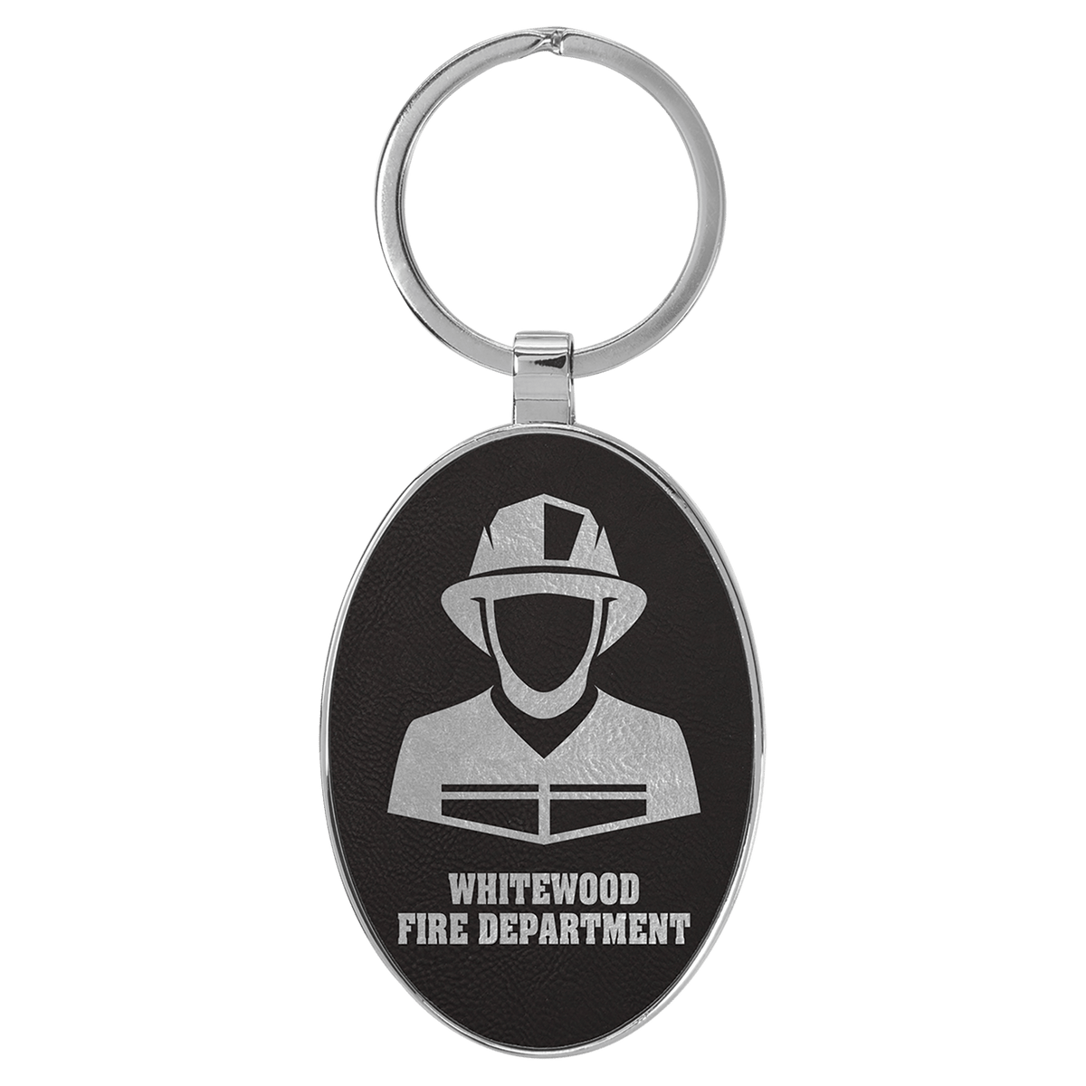 Personalized black/silver leatherette keychain with oval metal frame