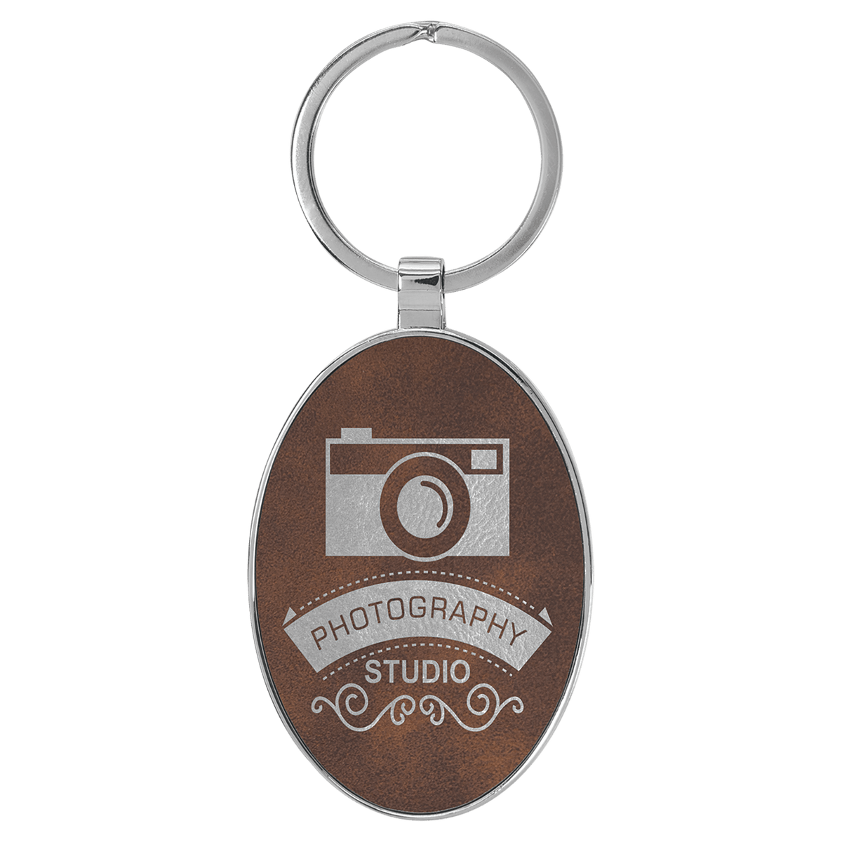 Personalized rustic/silver leatherette keychain with oval metal frame