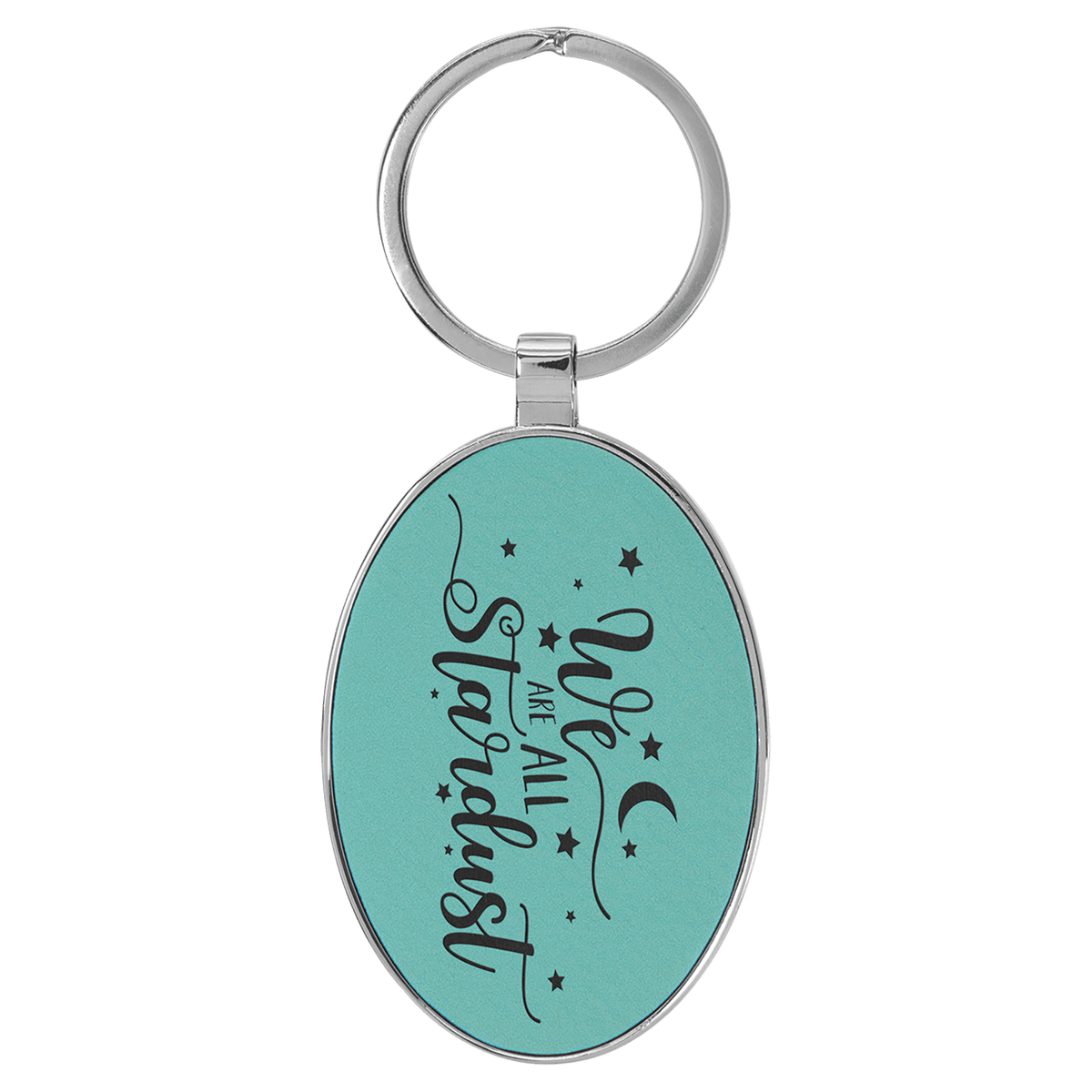 Personalized teal leatherette keychain with oval metal frame