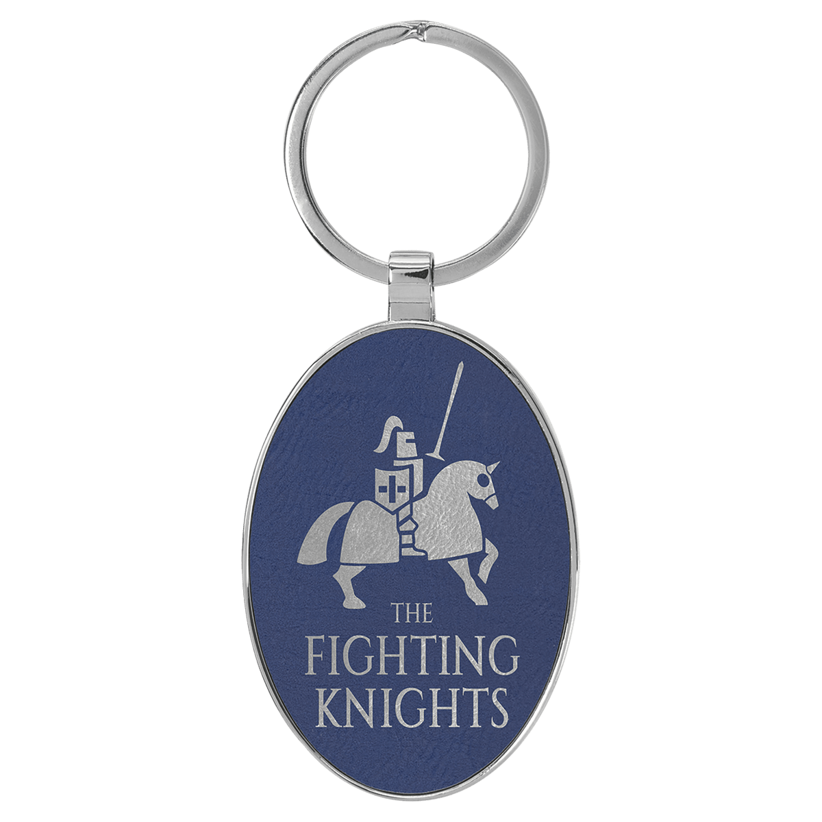 Personalized blue/silver leatherette keychain with oval metal frame