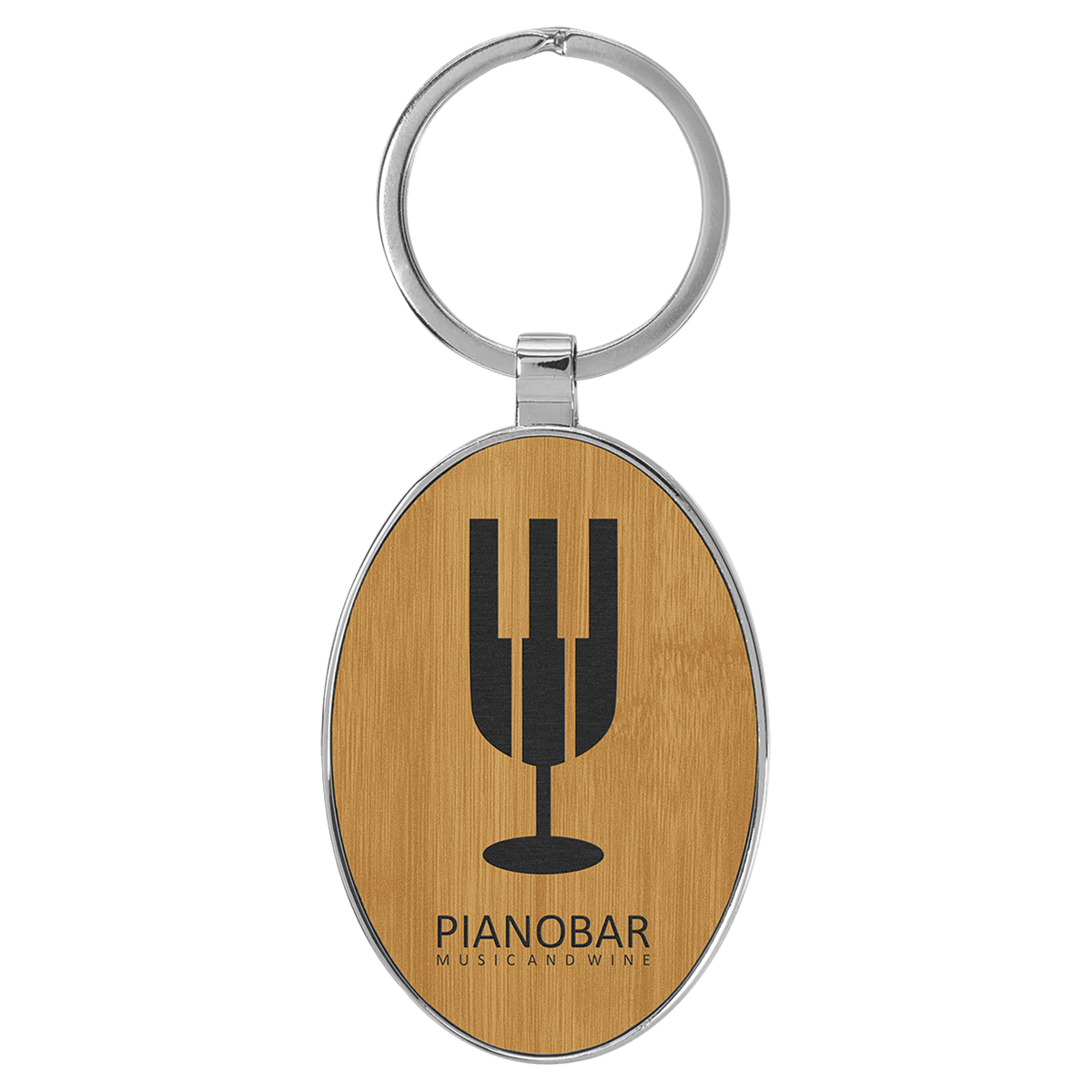 Personalized bamboo leatherette keychain with oval metal frame