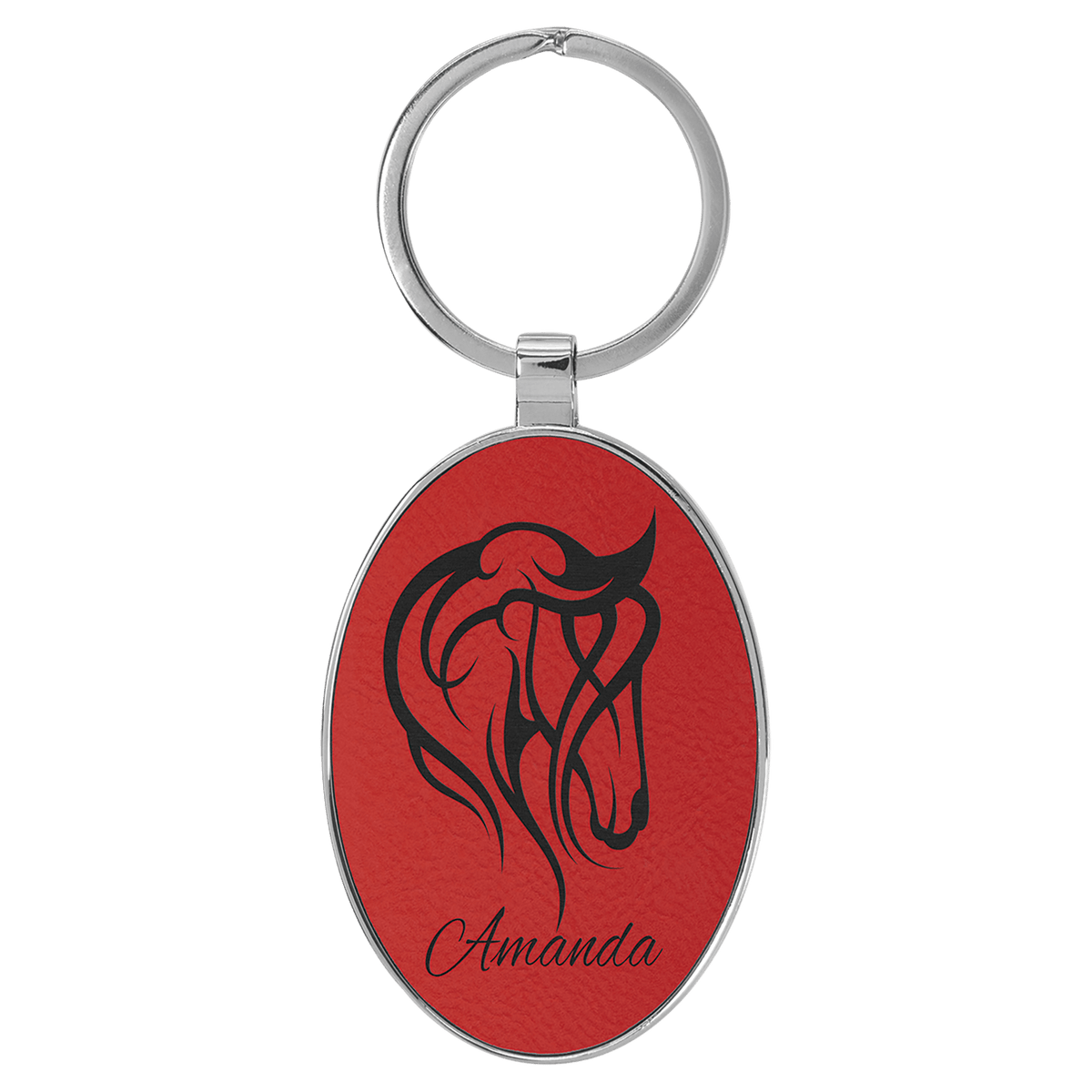 Personalized red leatherette keychain with oval metal frame