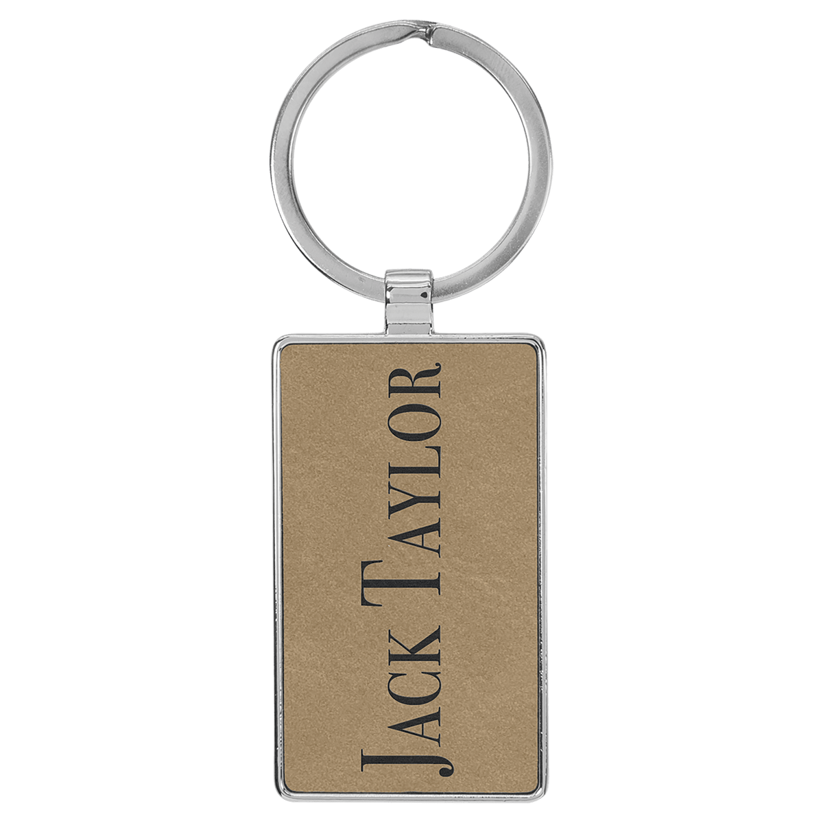 Personalized light brown leatherette keychain with rectangle metal frame
