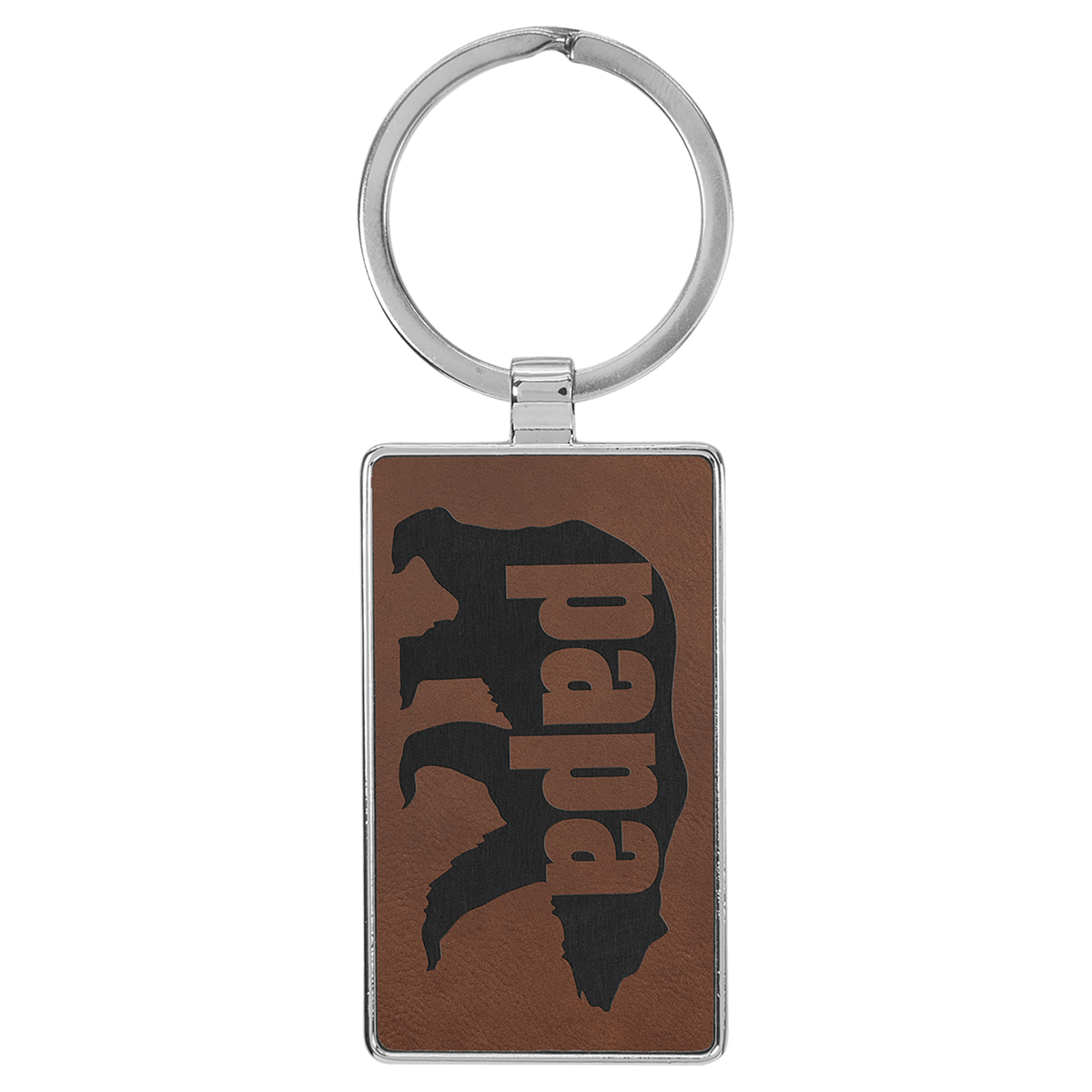 Personalized dark brown leatherette keychain with rectangle metal frame