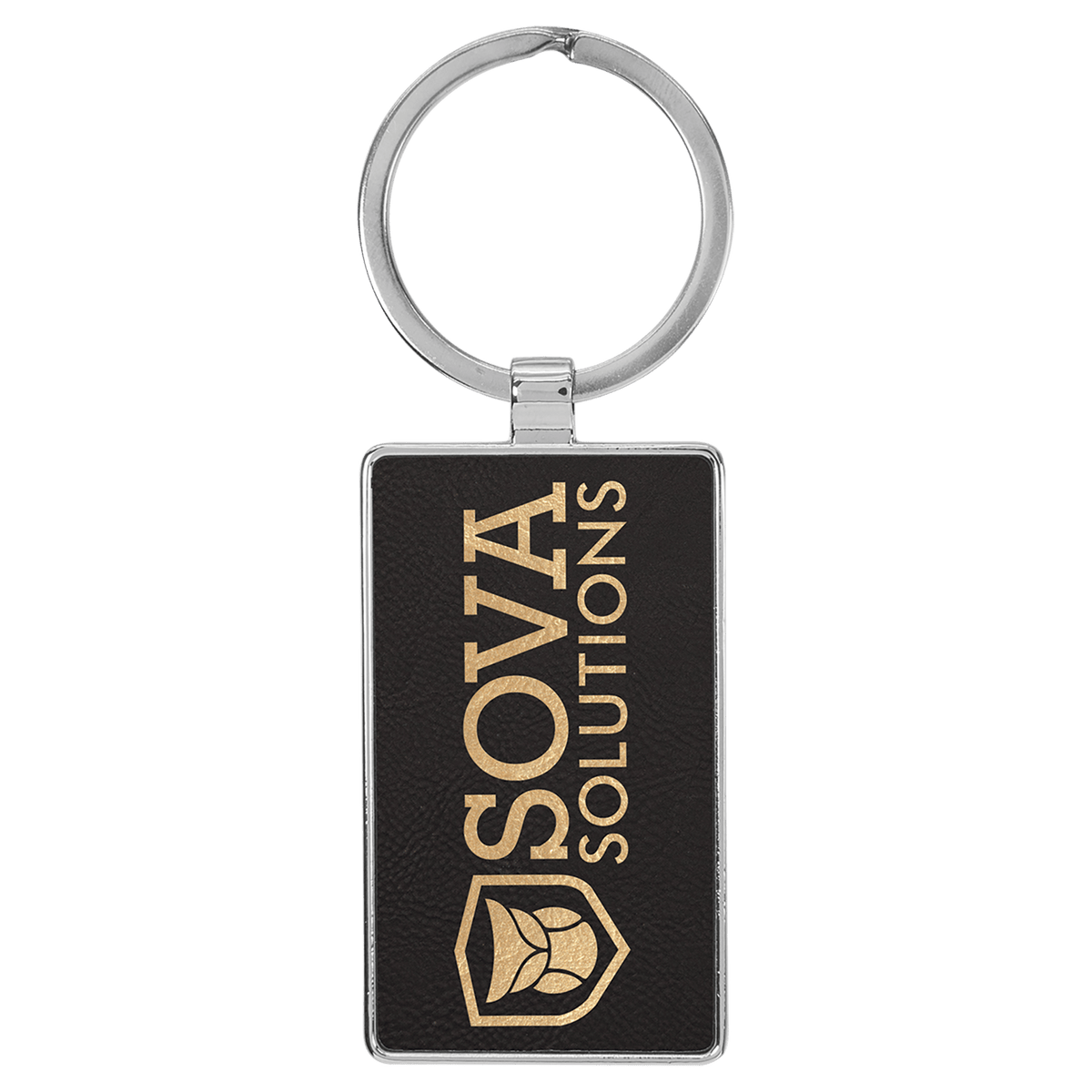Personalized black/gold leatherette keychain with rectangle metal frame