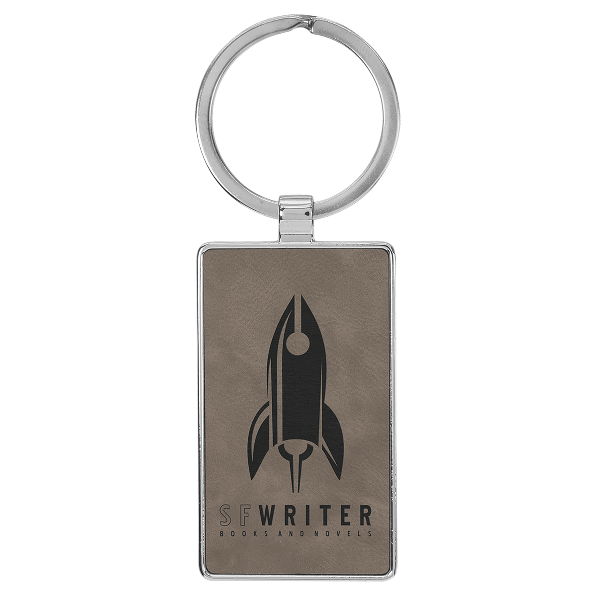 Personalized gray leatherette keychain with rectangle metal frame