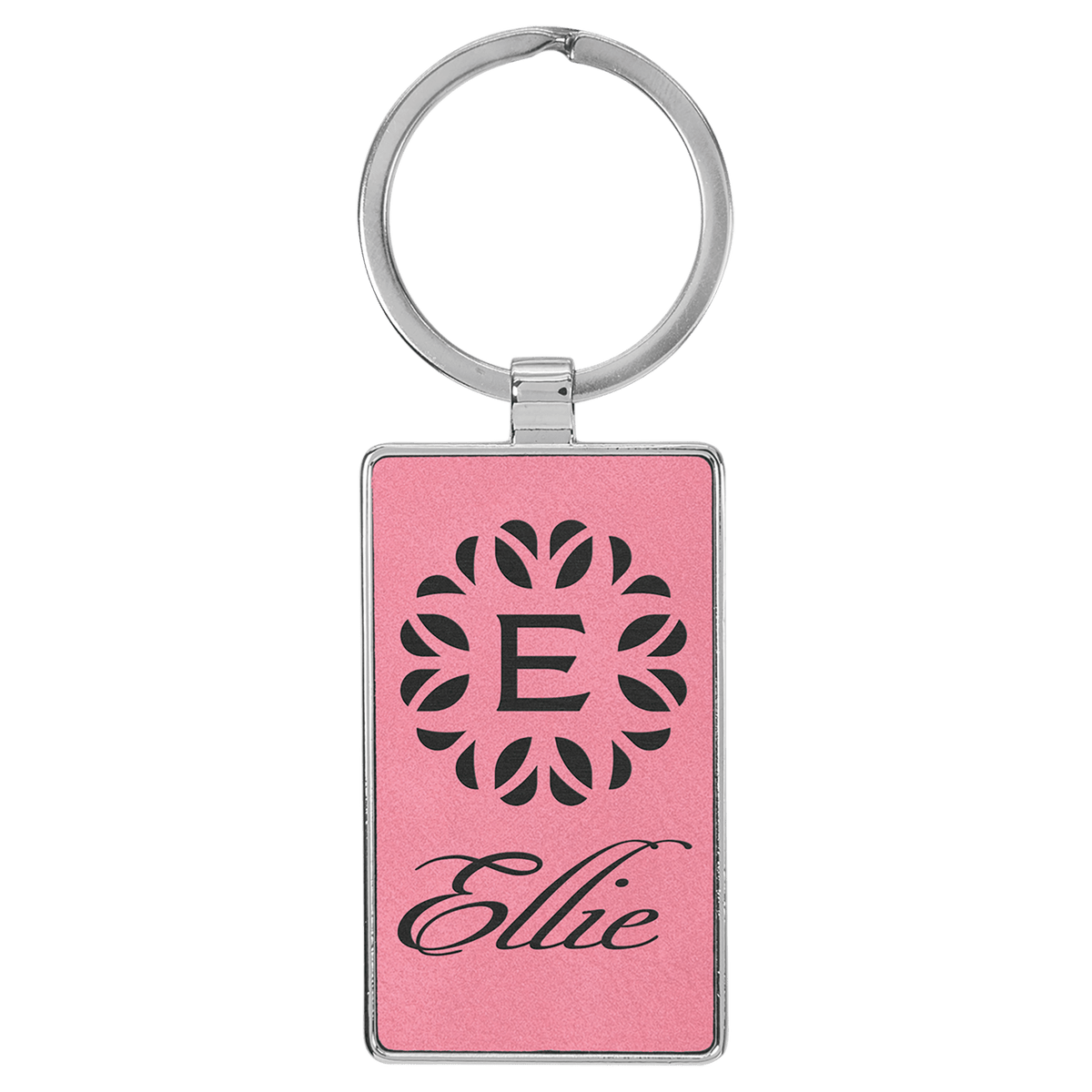 Personalized pink leatherette keychain with rectangle metal frame