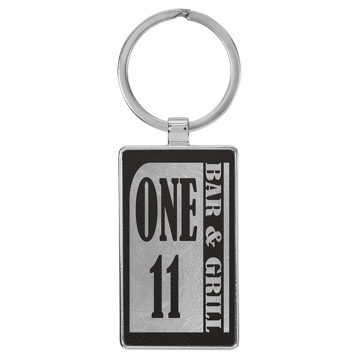 Personalized black/silver leatherette keychain with rectangle metal frame