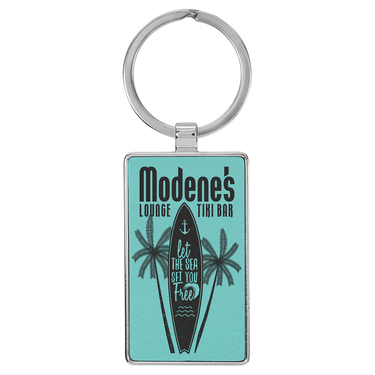 Personalized teal leatherette keychain with rectangle metal frame